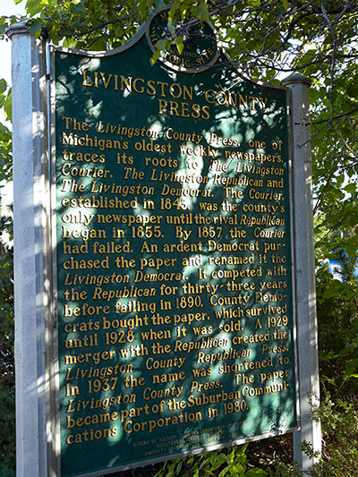 Back of the Livingston County Press state historical marker located in Howell, MI. Image ©2014 Look Around You Ventures, LLC.